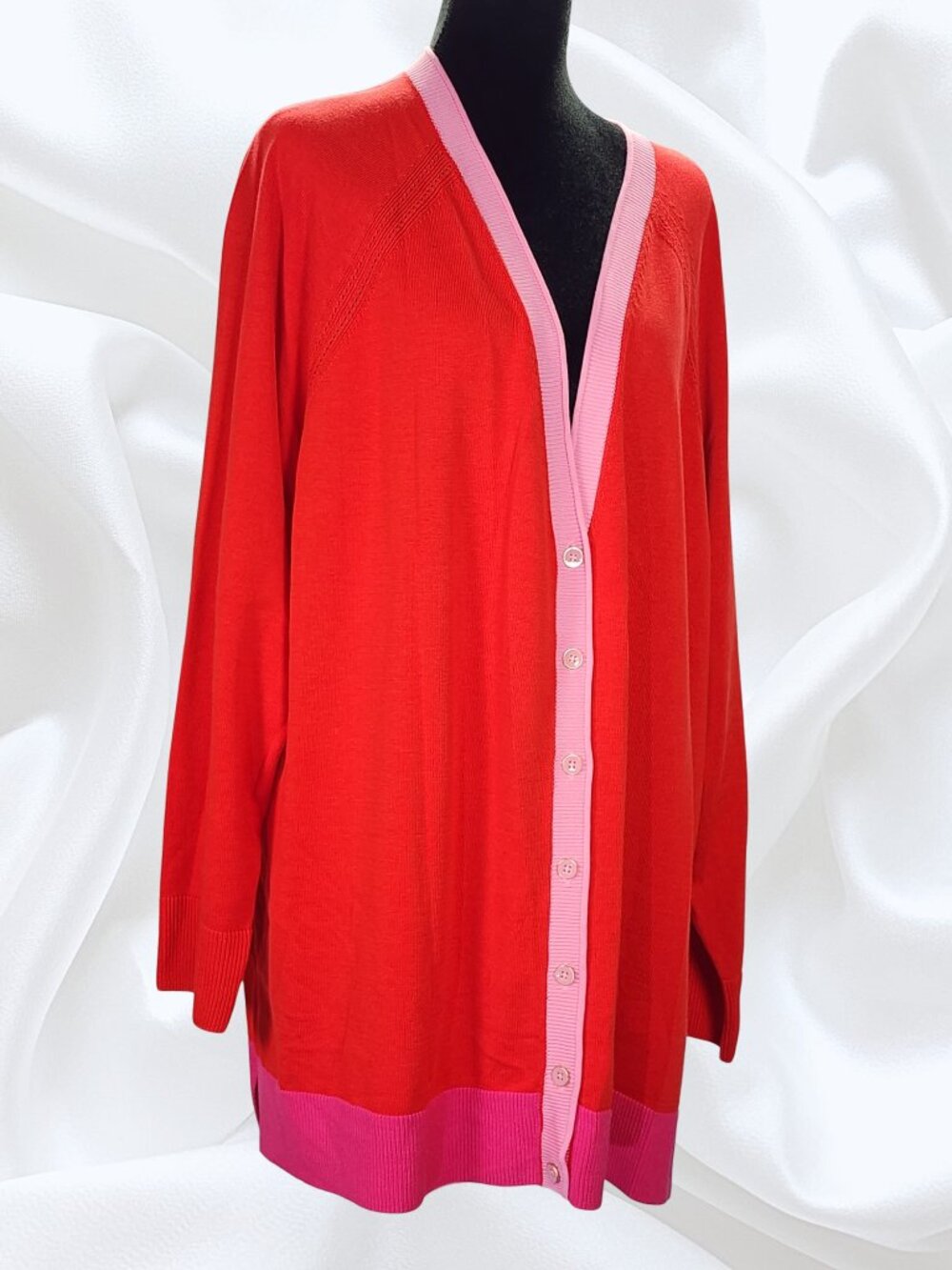 Talbots Plus Red & Pink Colorblock Pointelle Long Cardigan, Size 3X, NWT
